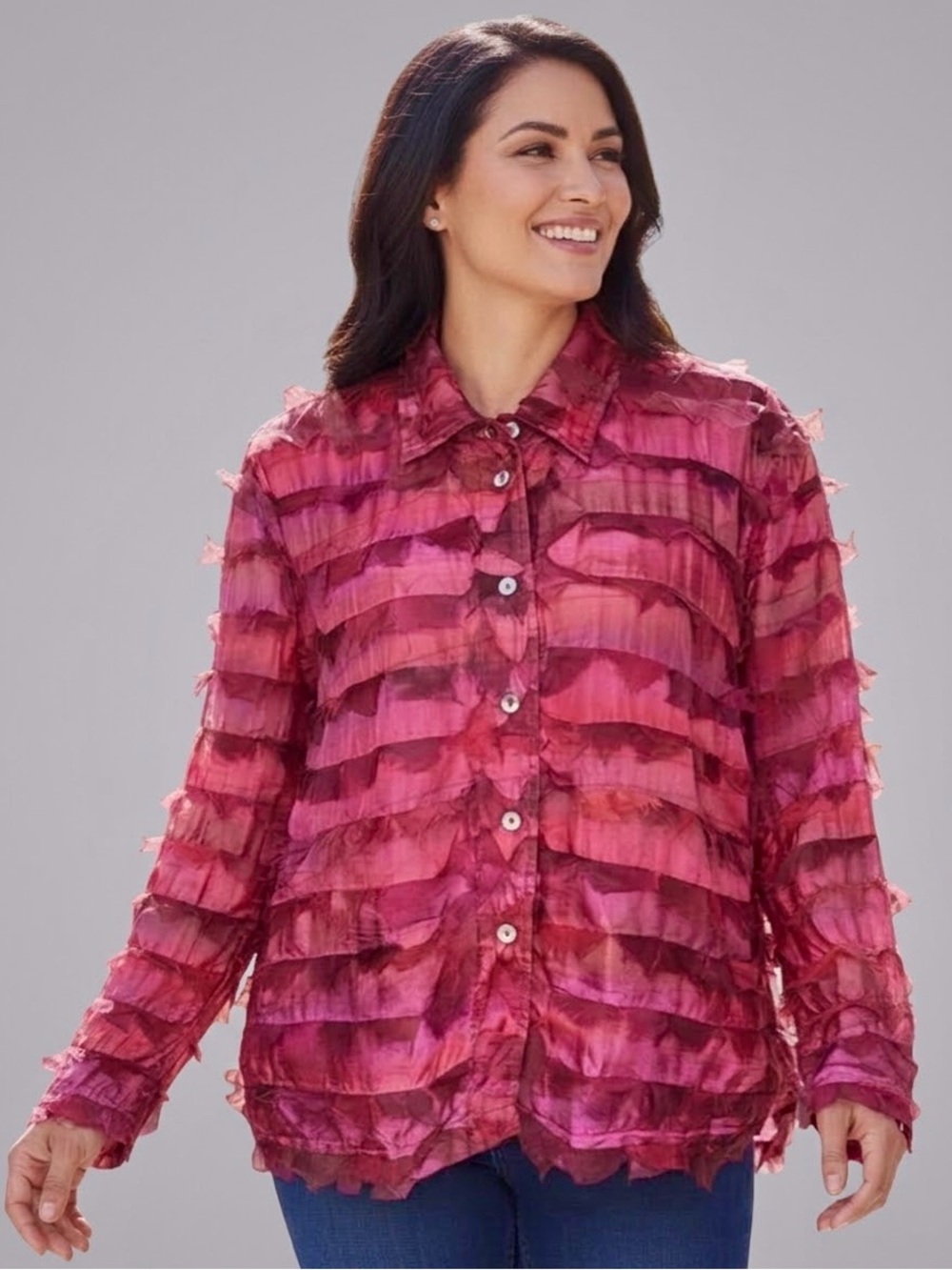 RARE Chico’s Design Textured 100% Silk Button Front Blouse Pink Red Size 2 (M/L)